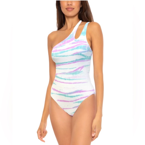 $138 Becca Iconic Asymmetric Ribbed White Tie-Dye One-Piece Swimsuit Large NWT - Picture 1 of 6